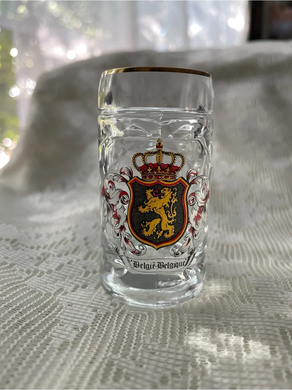 Belgique Crest Clear Glass Shot Glass with Gold Rim and Handle